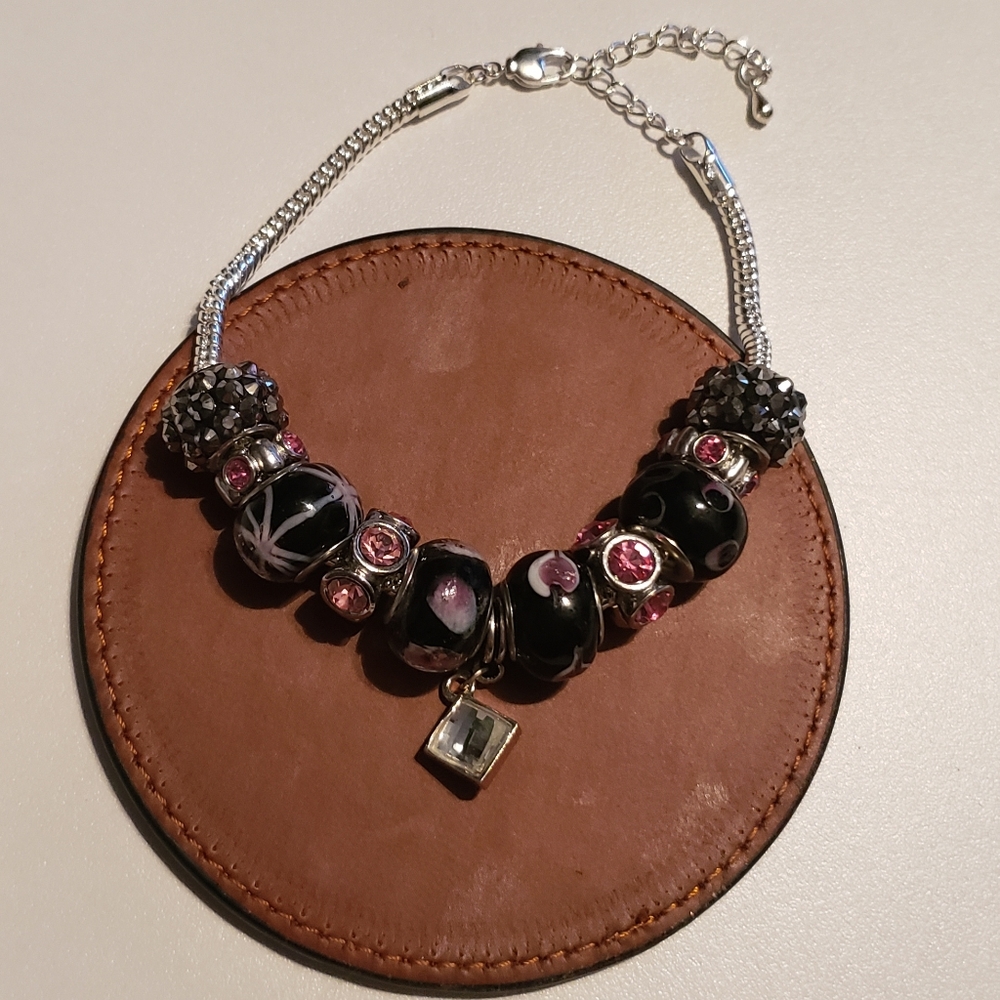 Pink & Black Beaded Silver Bracelet